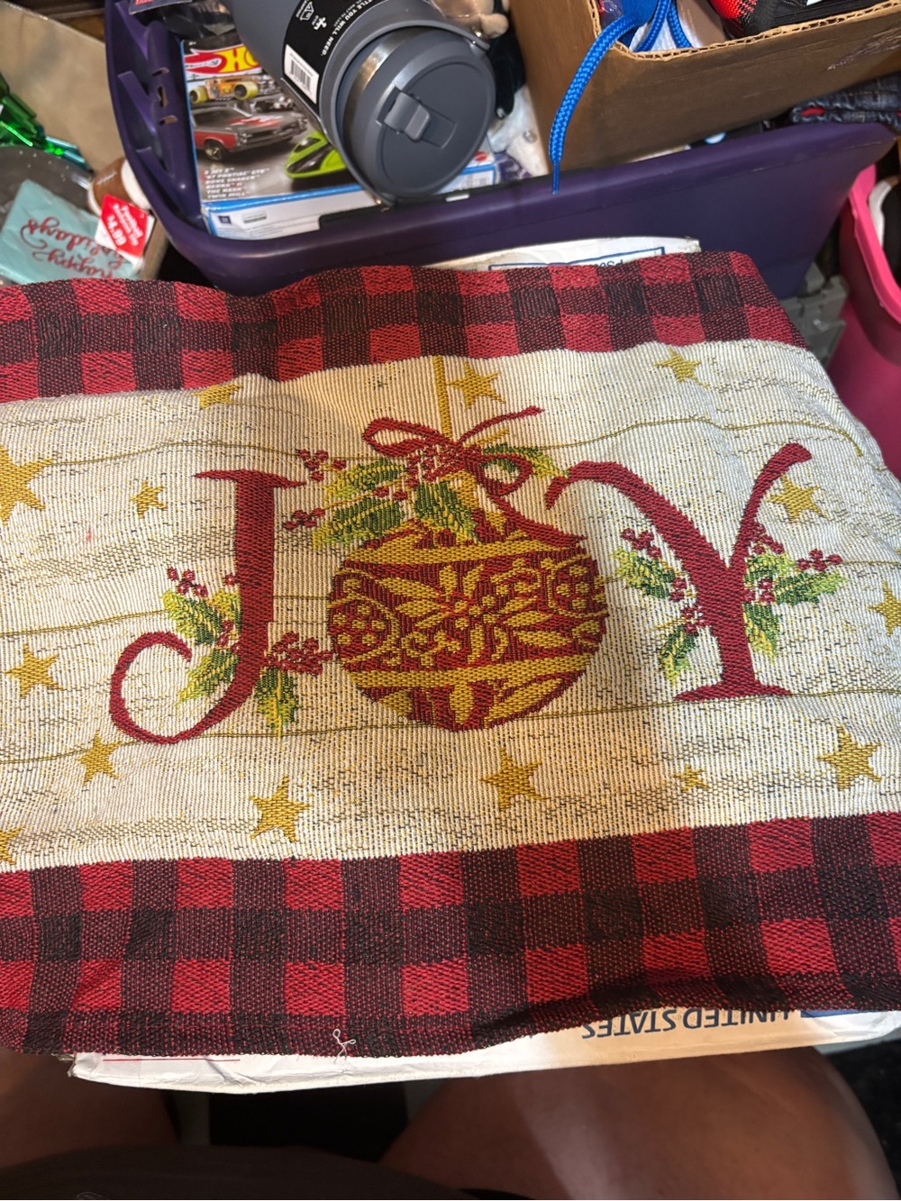 Holiday 'JOY' Decorative Kitchen tapestry placemat - Red and Gold Plaid new